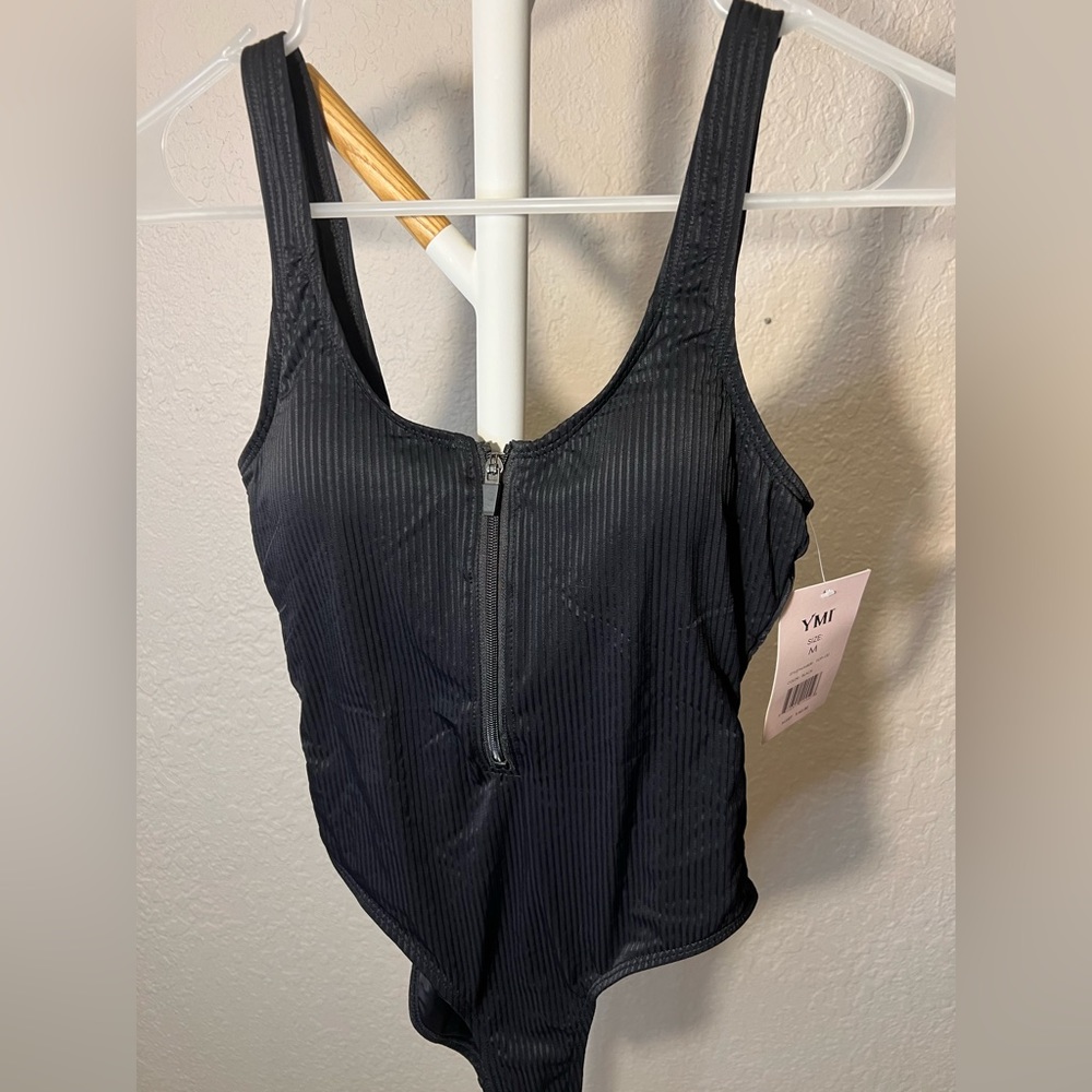 Black Zipper One Piece Swimsuit